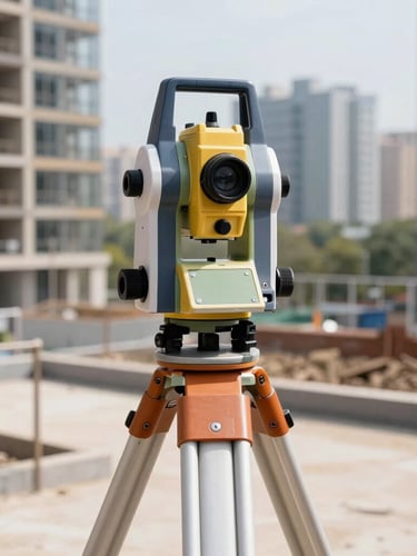 High-precision professional surveying equipment on a tripod overlooking a structured urban development site, sharp architectural daylight, deep navy and gold accents, crisp details, 35mm lens