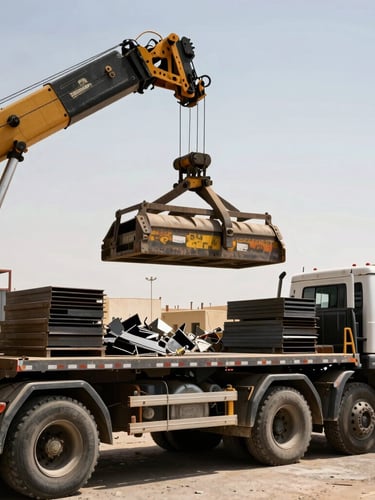 Heavy flatbed truck with a hydraulic crane loading scrap metal in an industrial yard in Jeddah, harsh bright desert sunlight, high-contrast metallic textures, deep shadows, 35mm lens