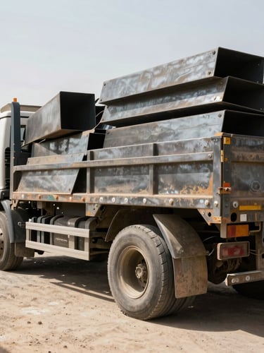 heavy flatbed truck loaded with scrap metal in a dusty industrial yard in Jeddah, harsh bright desert sunlight, high-contrast metallic textures, deep shadows, 35mm lens