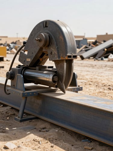 Heavy hydraulic shears cutting structural steel beams in a dusty industrial scrap yard in Jeddah under harsh desert sunlight, high-contrast metallic textures, 35mm lens