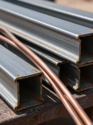 Close-up macro shot of thick copper cables and sheared structural steel beams stacked on a flatbed truck, high-contrast metallic textures under bright sunlight