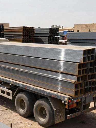 Heavy flatbed truck parked in an industrial scrap yard in Al-Khumrah Jeddah, bright harsh sunlight casting strong metallic glints on stacks of structural steel, industrial background, 35mm lens