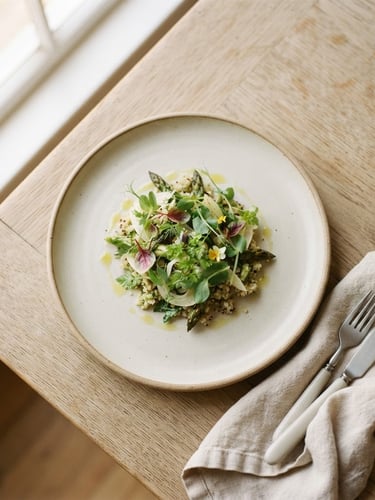 Overhead flat-lay of a minimalist Scandinavian-style ceramic plate with a single micro-green garnished dish, soft natural window light, muted tones, shallow depth of field, 35mm film.