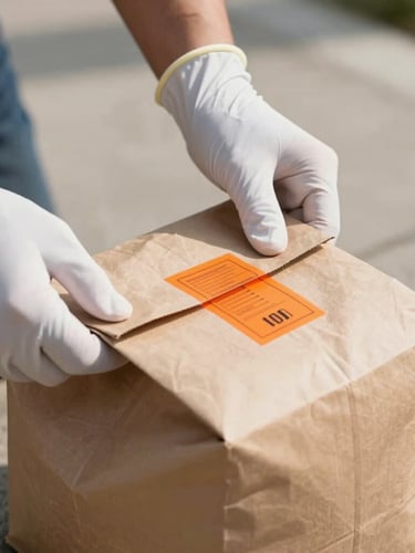 A close-up of a courier's gloved hands sealing a clean, secure paper delivery bag with a safety-orange brand sticker, bright natural daylight on a concrete surface.