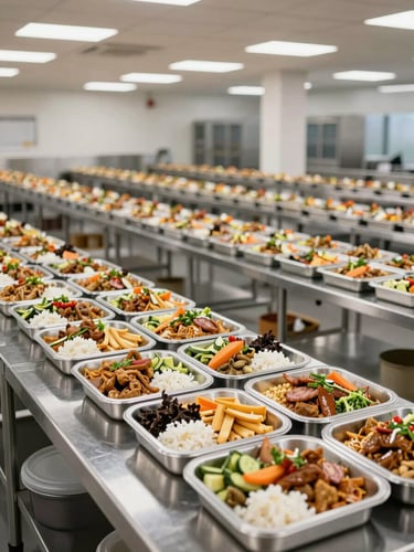 Wide panoramic view of a large-scale commercial catering dispatch area, rows of labeled meal trays staged for corporate delivery, stainless steel counters, bright even fluorescent lighting, no staff faces