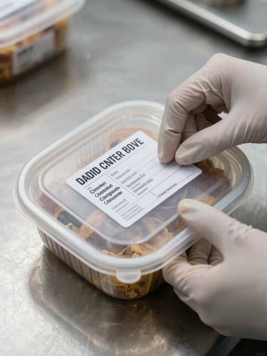 Close overhead view of a gloved hand placing a printed batch-ID label onto a sealed food container on a stainless steel prep surface, bright studio lighting, no faces, clinical and precise
