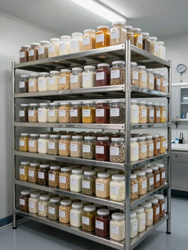 Wide shot of stainless steel industrial cold storage shelving under bright even fluorescent light, labeled ingredient containers arranged in precise rows, temperature gauge visible on the wall, no people, clinical and orderly