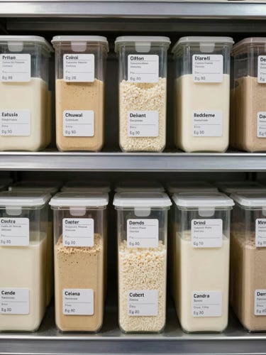 Close-up overhead view of labeled ingredient containers arranged in organized rows on stainless steel shelving, bright even studio lighting, date stamps and category labels clearly visible, no shadows