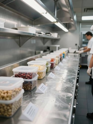 Wide environmental shot of a stainless steel commercial kitchen prep floor, overhead fluorescent lighting revealing clean surfaces, labeled ingredient containers in foreground, gloved workers partially visible at stations to the far right, institutional clarity