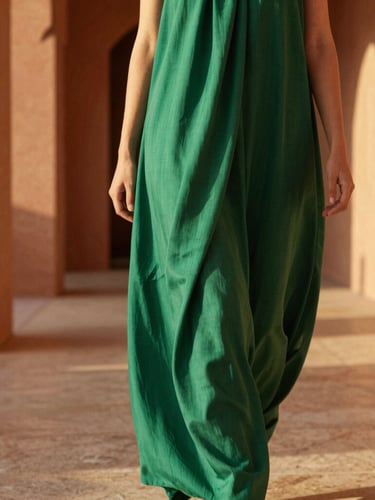 Close-up of emerald green fabric drape on a woman walking through a sunlit modern riad hallway, golden hour shadows, focusing on texture and movement.