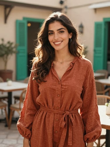 A warm, sun-drenched portrait of a modern Moroccan woman smiling in a Rabat cafe courtyard, wearing a terracotta linen dress, soft golden-hour lighting, medium format film.