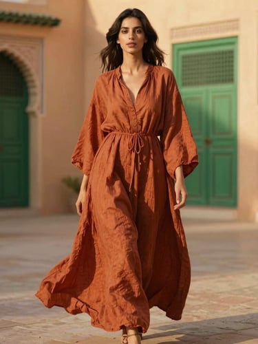 A modern Moroccan woman wearing a flowing terracotta linen dress, standing in a sun-drenched courtyard of a Rabat riad, warm golden-hour light, soft shadows, medium-long shot, showing garment drape and movement, high-end editorial fashion photography style.
