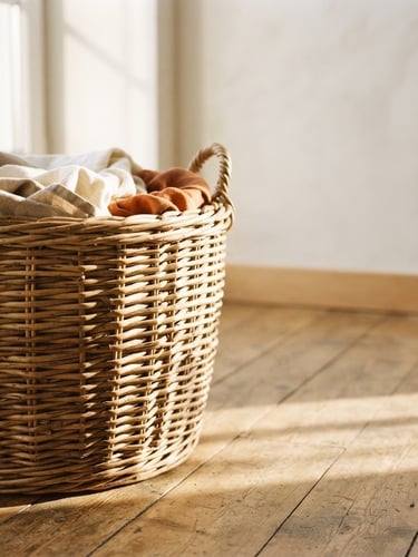 Güneşli, minimalist bir iç mekanda, zeminde duran büyük, el örgüsü hasır sepetin yakın çekimi. Sepetin dokusu ve gölgeleri belirgin, sağ tarafta geniş negatif alan bırakılmış, düşük ufuk çizgisi.