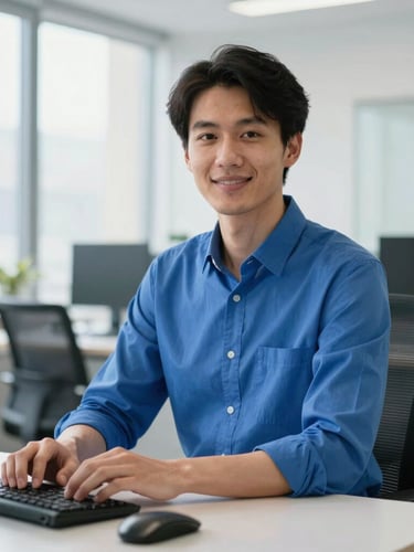 A professional close-up portrait of a technology consultant in a bright, clean office with cool slate and electric blue tones, natural daylight, sharp focus, 35mm.