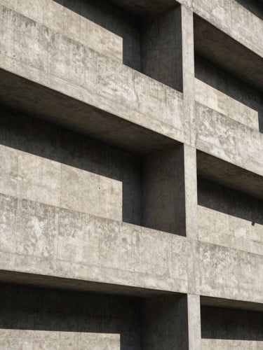 Strict eye-level perspective of a brutalist concrete building facade, harsh mid-afternoon sun casting long geometric shadows across the raw concrete surface, sharp lines, minimal composition.