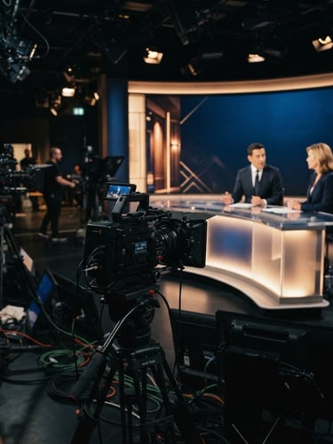 A high-end television studio setup, professional broadcast cameras in the foreground, warm golden key lights glowing on a dark blue background, cinematic editorial photography, 35mm lens