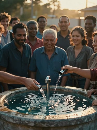 Cinematic environmental shot of a diverse community gathering around a newly built clean water well, golden-hour sunlight reflecting on water, hopeful faces, 35mm lens.
