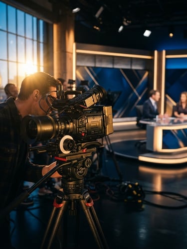 Cinematic editorial photography of a modern television studio setup with soft warm golden-hour light streaming through windows, professional cameras in foreground, deep rich blues.