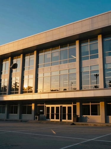 Cinematic wide shot of a modern television broadcast facility and humanitarian headquarters, warm golden hour sunlight reflecting off glass windows, 35mm lens