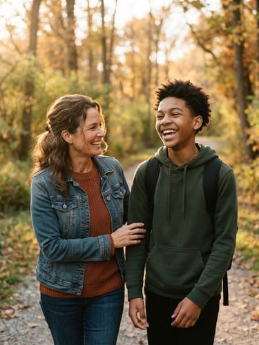 Warm candid portrait of an adult mentor and a teenage boy laughing together outdoors in an Ohio park, golden hour sunlight, shallow depth of field, 35mm lens.