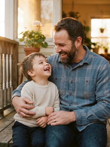 Close-up environmental portrait of an Ohio foster father and young son laughing together on a porch, warm golden-hour window light, shallow depth of field, 35mm lens.