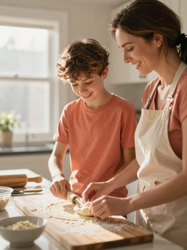 A smiling woman and teenager baking together in a sun-drenched Ohio kitchen, warm natural light, shallow depth of field.