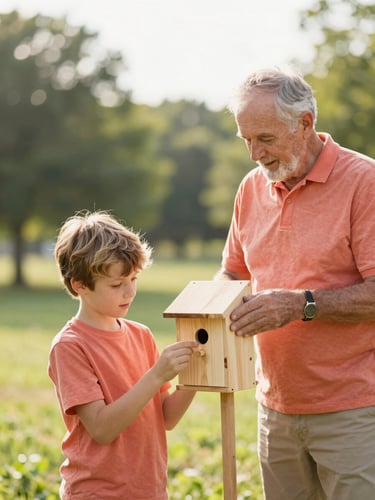 An older mentor and young boy building a wooden birdhouse outdoors in a green Ohio park, bright soft daylight.