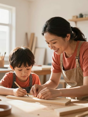 A mentor and a young person working together on a wooden craft project in a brightly lit community workshop, warm natural light, authentic smiles, close-up environmental shot.