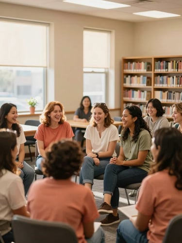A group of social workers and foster parents laughing during a community workshop in a bright Cleveland library.