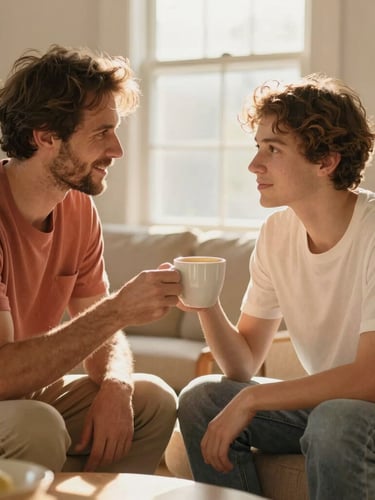 Warm editorial photography of a mentor and a foster father sharing coffee in a sunlit Ohio living room, soft natural golden-hour light, shallow depth of field, 35mm lens.