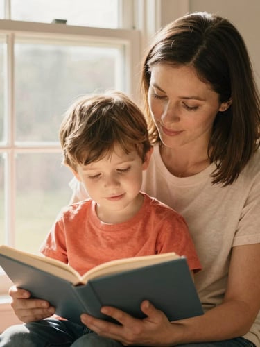 A warm, candid portrait of an Ohio foster mother and child reading a book together near a bright window, soft focus, natural golden-hour light