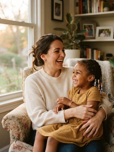 A warm, candid portrait of an American foster mother laughing with her young daughter in a sunlit Ohio living room, soft golden-hour window light, shallow depth of field, 35mm lens.
