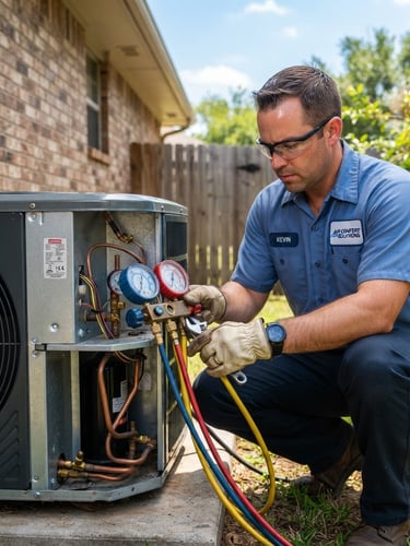 Technician servicing an outdoor condenser unit under bright Oklahoma daylight, close-up, crisp commercial photography, clean steel and copper tones, sharp focus, 35mm lens