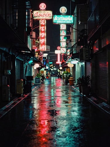 Cinematic wide-angle anamorphic shot of a narrow Bangkok alleyway at night, rain-slicked pavement reflecting red and cyan neon signs, deep shadows, 35mm grain