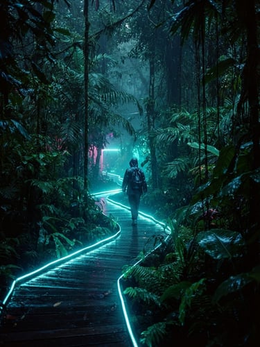 Moody cinematic film photography of a misty tropical jungle at twilight, neon-rimmed night lighting casting cyan glows on wet leaves, anamorphic lens, 35mm grain