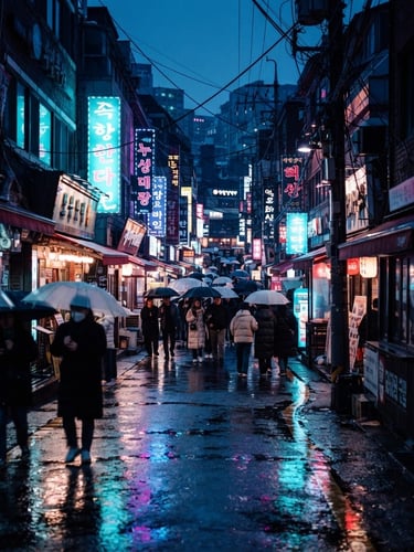 Cinematic wide-angle anamorphic shot of a neon-drenched Seoul alleyway at twilight, rain-slicked asphalt reflecting cyan and magenta light, deep shadows, 35mm grain.