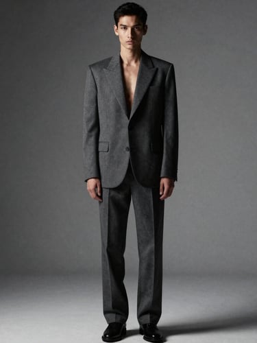 Full-body high-fashion editorial crop of a model in a structured charcoal suit, sharp studio lighting, high contrast, minimalist grey background