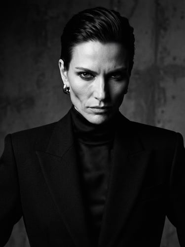 A high-contrast black and white editorial portrait of a model, sharp studio lighting, dramatic shadows, neutral background, medium format film