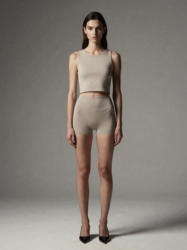 Full-body editorial fashion crop of a model in neutral tones, high-contrast studio lighting, minimalist background