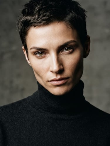 Close-up editorial portrait of a non-binary model with striking features, sharp high-contrast studio strobe lighting, neutral background, medium format film