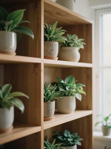 Close-up of a wooden bookshelf with green plants and ceramic pots, warm natural daylight, soft focus