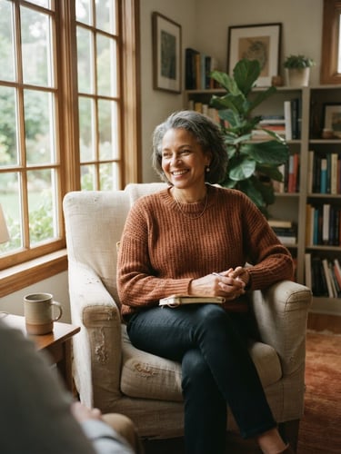 A warm unposed portrait of a therapist sitting in a comfortable linen armchair by a window with soft, natural morning light, 35mm film style