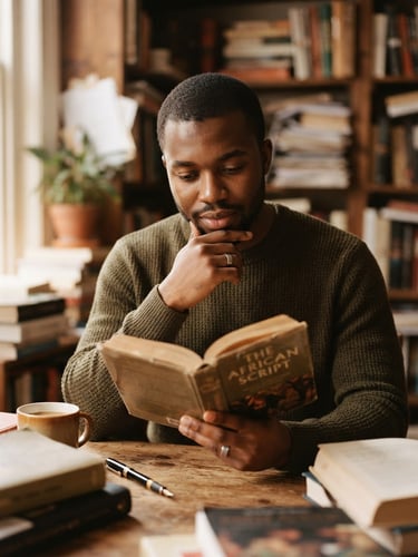 Medium-close portrait of Emmanuel Okhiaro in quiet study, warm natural window light, rich earthy tones, shallow depth of field, 35mm