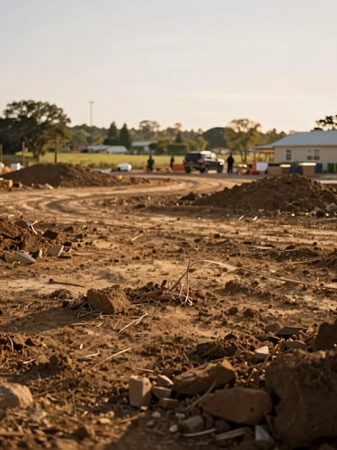 Wide environmental shot of a community development project site, soft golden hour lighting, rich earthy tones, 35mm