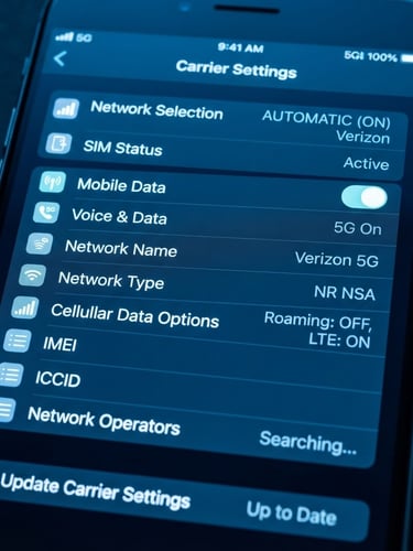 Macro shot of a premium smartphone screen displaying official carrier settings, cool blue backlighting, crisp high-contrast tech aesthetic, sharp focus