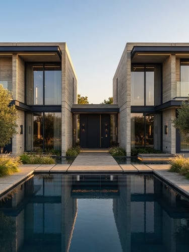 Symmetrical wide-angle architectural exterior shot of a modern luxury concrete and steel villa with clean lines, warm golden-hour lighting, minimalist landscaping, 35mm lens