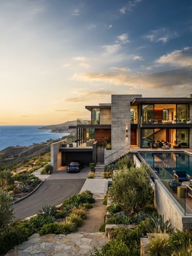 Wide architectural exterior shot of a modern luxury concrete and steel villa at golden hour, sharp focus, clean lines, negative space on the left