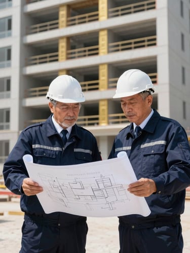 A professional medium shot of two senior engineers in navy uniforms analyzing blueprints on a pristine modern construction site, bright daylight, sharp focus, 35mm lens