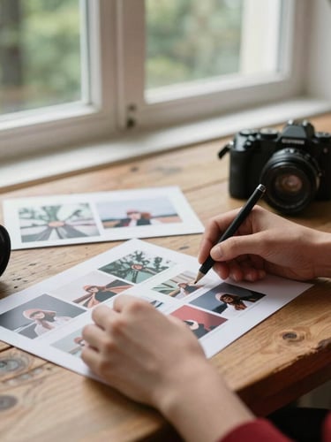 Close-up of hands planning social media content with printed photos and a camera on a rustic wooden table, soft natural window light, forest green and deep red accents, warm editorial photography, 35mm