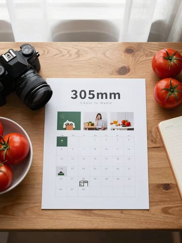 Overhead flatlay of a clean wooden desk with a camera, a printed social media content calendar, and a small bowl of fresh red tomatoes next to a notebook, soft window light, 35mm